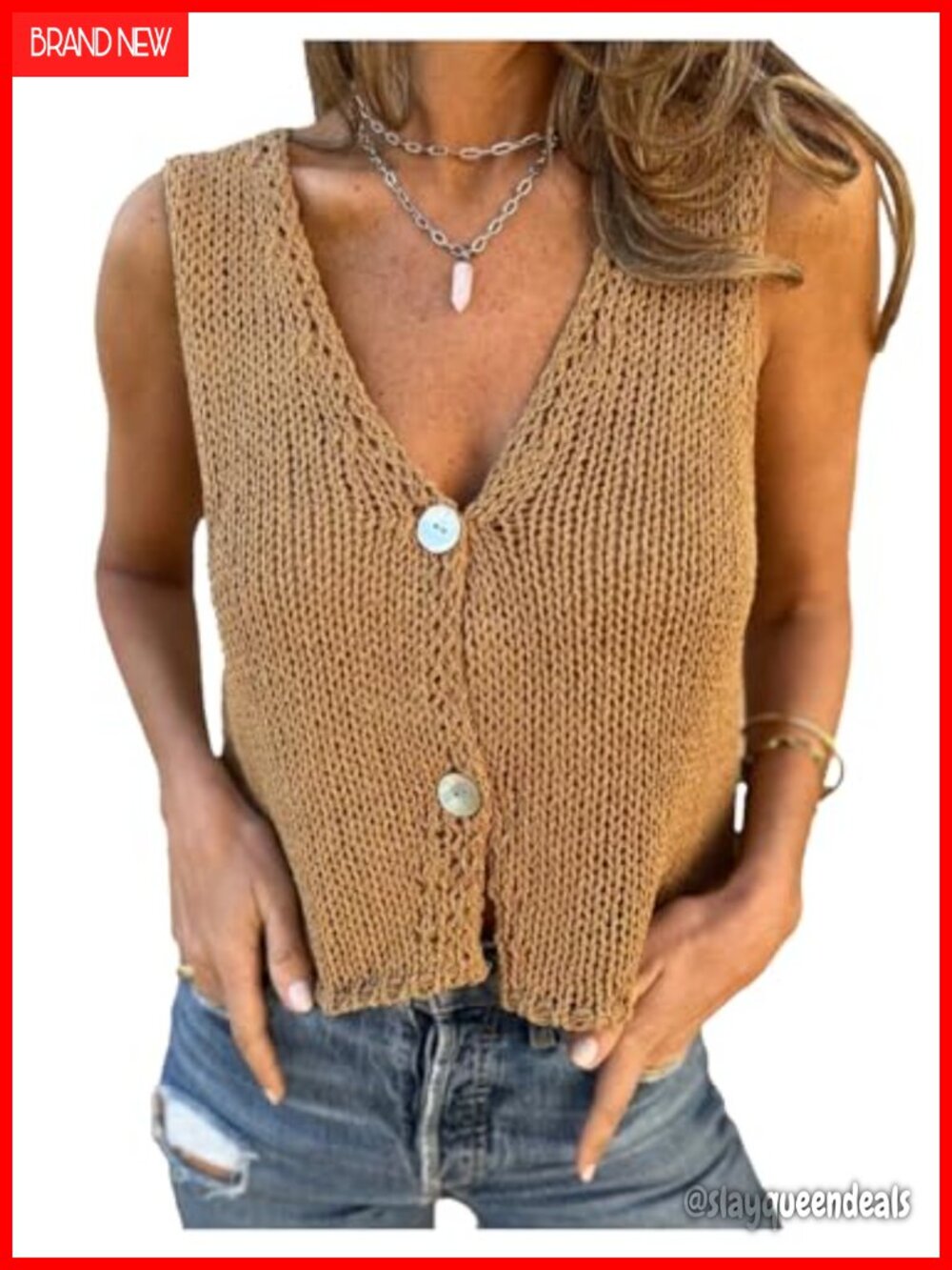 Women's Button Up Crochet Sweater Vest Deep V Neck Sleeveless Knitwear Top